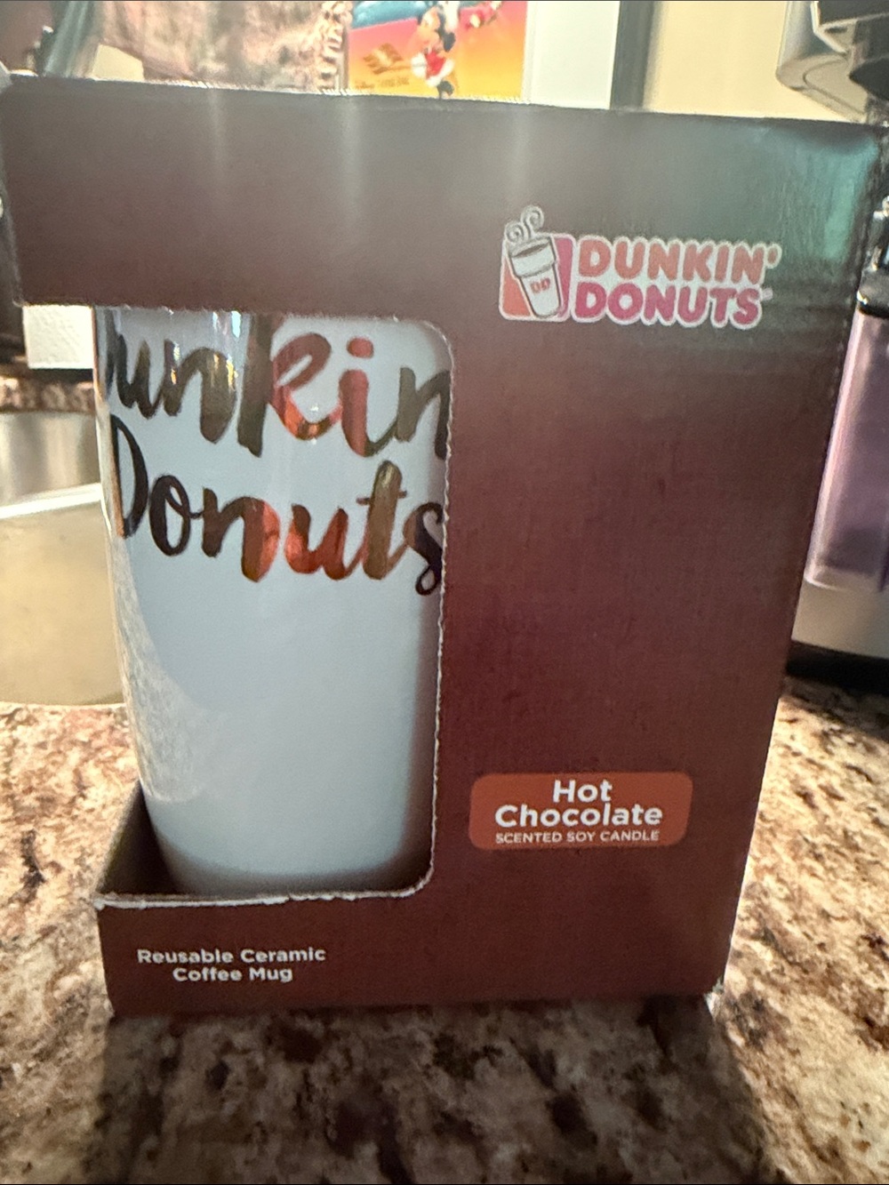 Dunkin' Donuts White Ceramic Mug with Gold Script - Hot Chocolate Candle Set